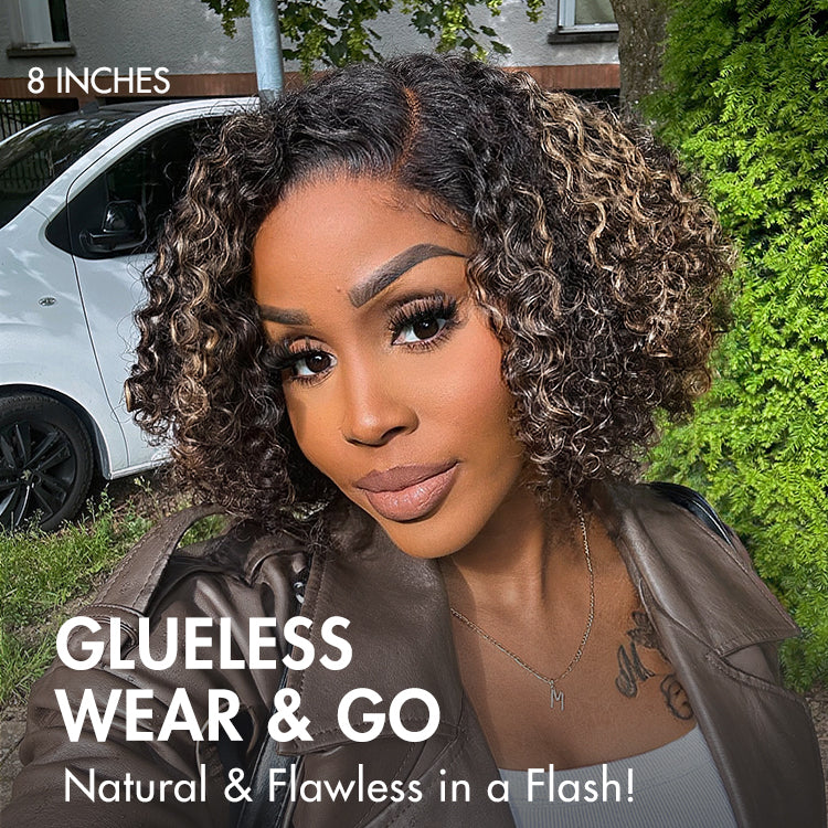 1 SEC INSTALL WIG | Honey Blonde Highlight / Natural Black Kinky Curly Glueless Minimalist HD Lace Classic Short Wig Pre-Cut Lace