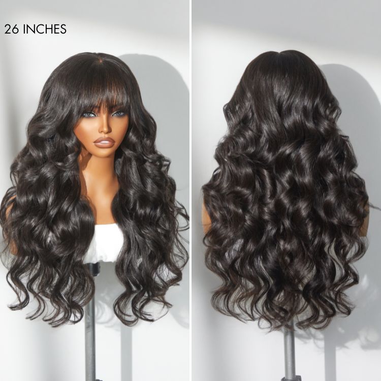 180% Density Loose Body Wave Glueless 7x6 Closure HD Lace Human Hair Wig with Bangs Pre-Cut Lace