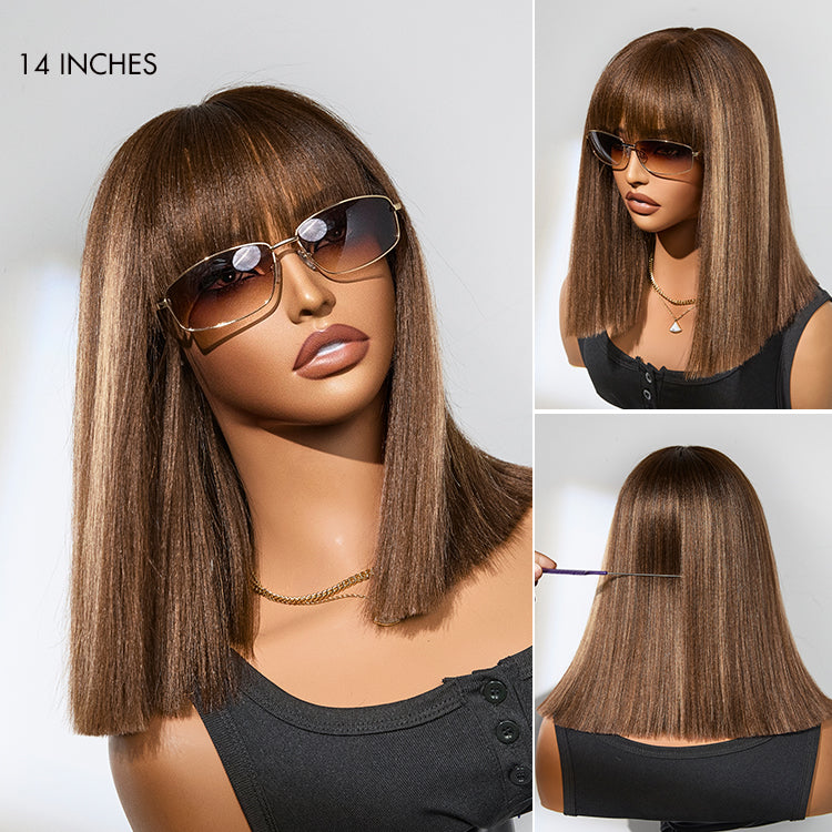 Weekly Special | Put On and Go Realistic Glueless Yaki Straight Bob with Bangs Minimalist Lace Wig 100% Human Hair