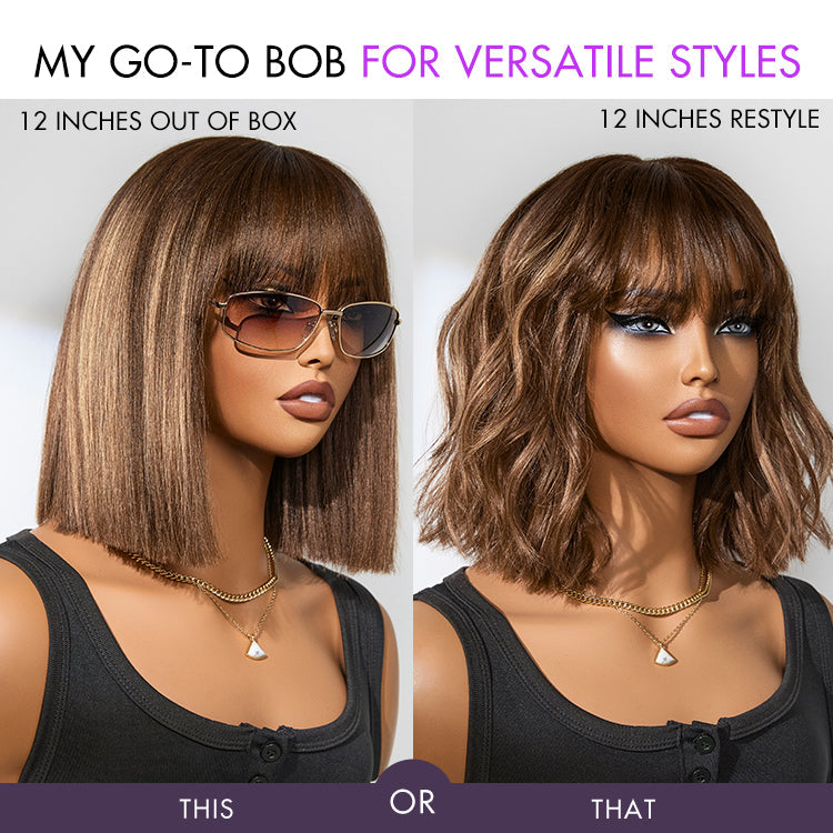 Weekly Special | Put On and Go Realistic Glueless Yaki Straight Bob with Bangs Minimalist Lace Wig 100% Human Hair