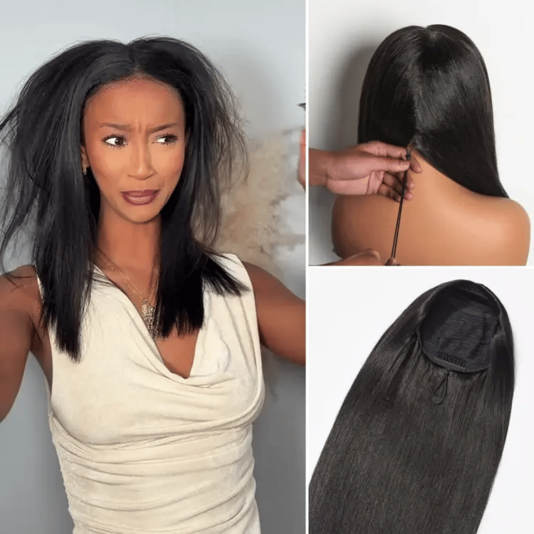 180% Density Yaki Straight Glueless Flexi-Fit Drawstring 3-In-1 Half Wig Human Hair