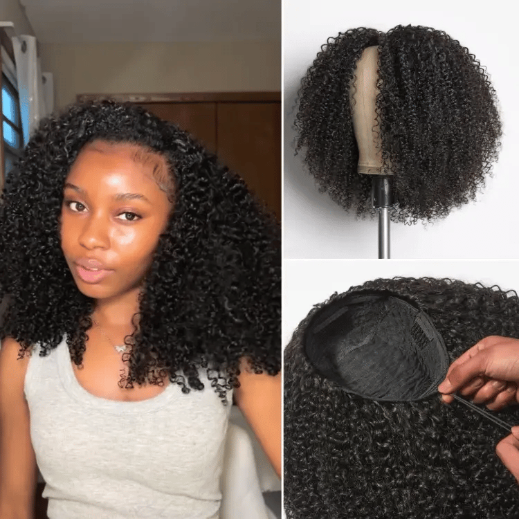 3-In-1 Half Wig 180% Density Kinky Curly / Yaki Straight Glueless Flexi-Fit Drawstring Wig