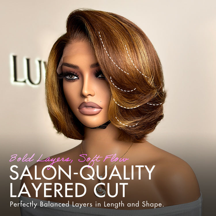 Toffee Brown Mix Blonde / Natural Black Layered Cut Glueless 5x5 Closure Lace Bob Wig