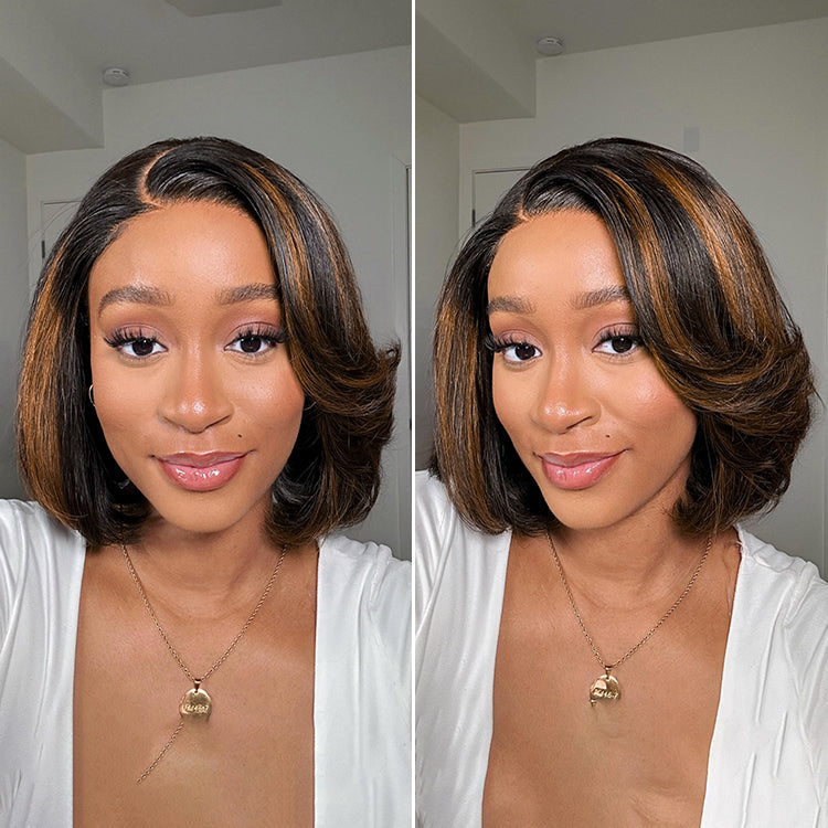 Toffee Brown Mix Blonde / Natural Black Layered Cut Glueless 5x5 Closure Lace Bob Wig