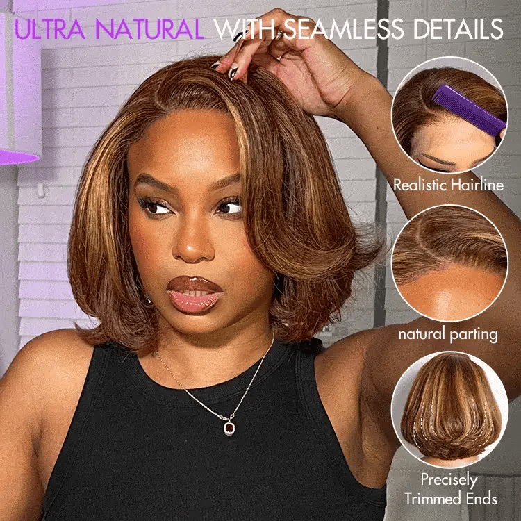 Toffee Brown Mix Blonde / Natural Black Layered Cut Glueless 5x5 Closure Lace Bob Wig
