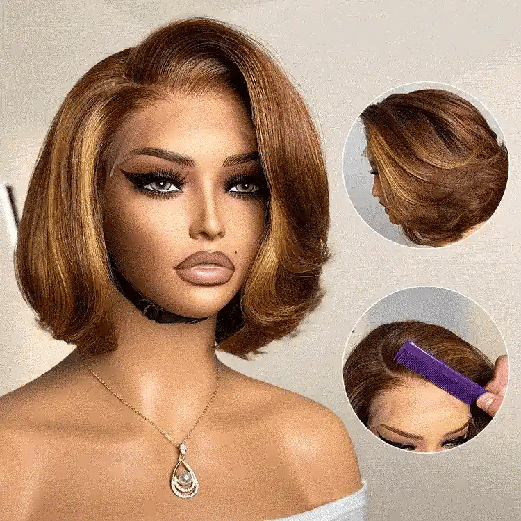 Toffee Brown Mix Blonde / Natural Black Layered Cut Glueless 5x5 Closure Lace Bob Wig