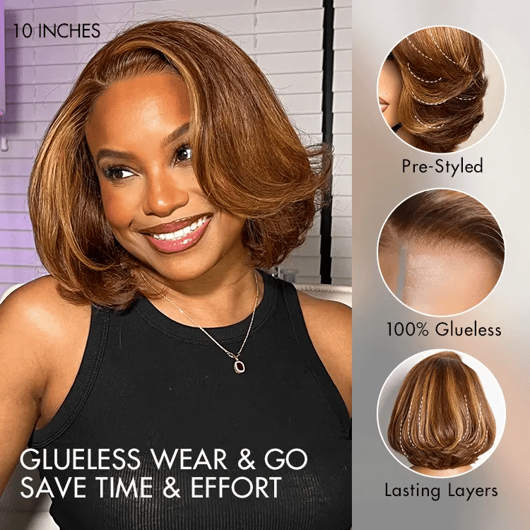 Toffee Brown Mix Blonde / Natural Black Layered Cut Glueless 5x5 Closure Lace Bob Wig