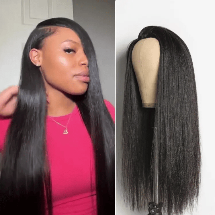 3-In-1 Half Wig 180% Density Kinky Curly / Yaki Straight Glueless Flexi-Fit Drawstring Wig