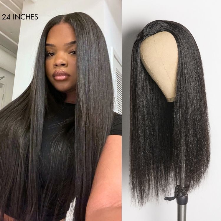 3-In-1 Half Wig 180% Density Kinky Curly / Yaki Straight Glueless Flexi-Fit Drawstring Wig