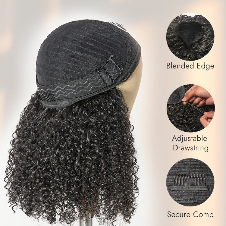 3-In-1 Half Wig 180% Density Kinky Curly / Yaki Straight Glueless Flexi-Fit Drawstring Wig