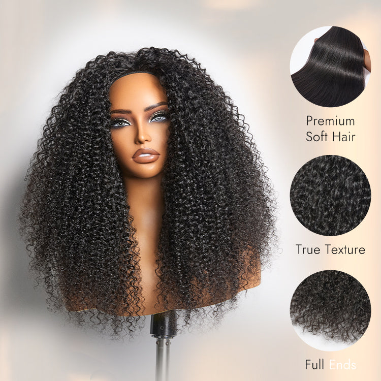 3-In-1 Half Wig 180% Density Kinky Curly / Yaki Straight Glueless Flexi-Fit Drawstring Wig