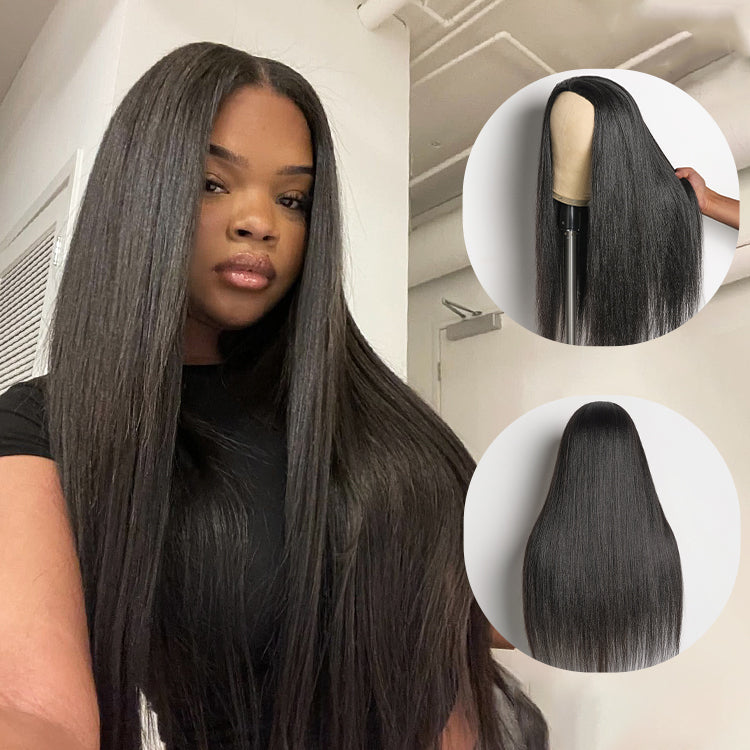 180% Density Yaki Straight Glueless Flexi-Fit Drawstring 3-In-1 Half Wig Human Hair
