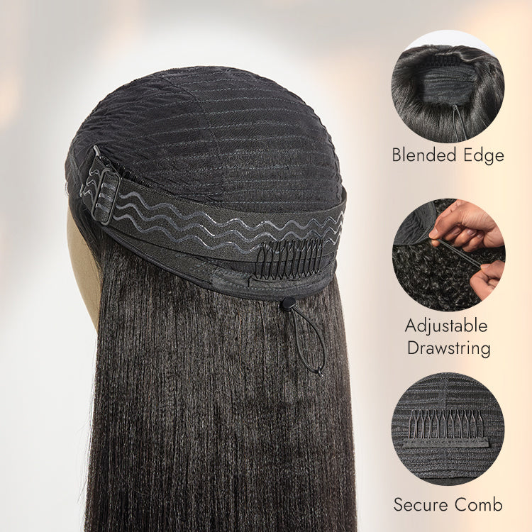 180% Density Yaki Straight Glueless Flexi-Fit Drawstring 3-In-1 Half Wig Human Hair