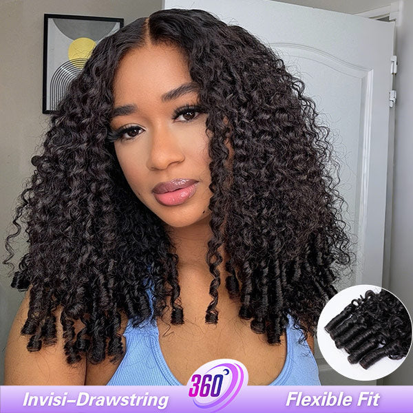 Burmese Curly Invisi-Drawstring Pre-Cut Lace 360 Glueless Wig With Bleached Knots Snug Fit Wear Go Wig