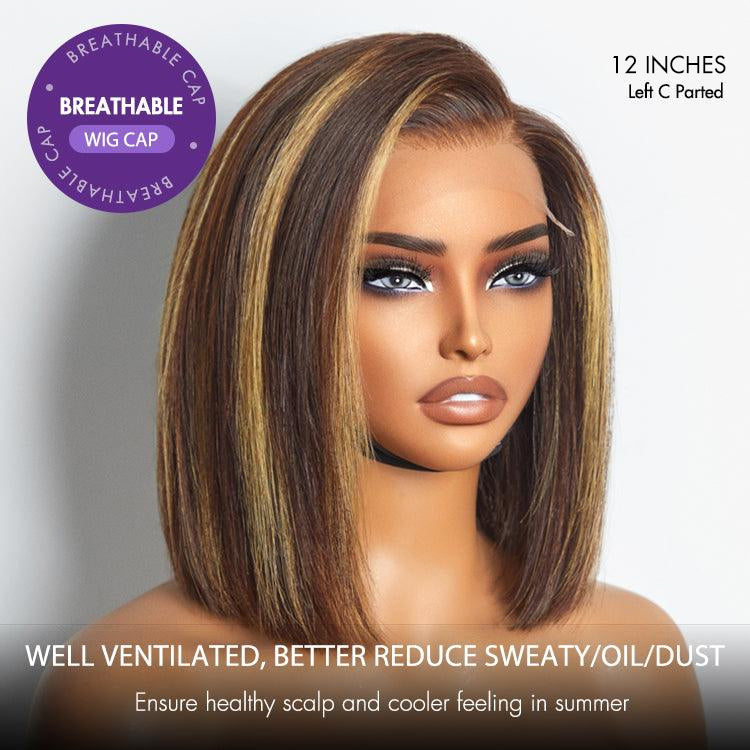 PartingMax Glueless Wig Honey Blonde Highlight Silky Blunt Cut 7x6 Closure HD Lace Bob Wig
