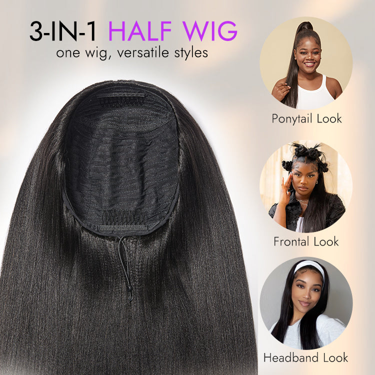 180% Density Yaki Straight Glueless Flexi-Fit Drawstring 3-In-1 Half Wig Human Hair