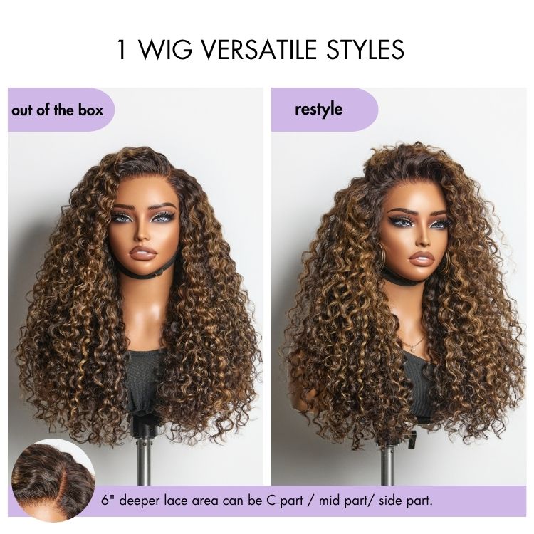 48H Delivery | Luvme All-Day Comfort™ Wig PartingMax Brown Highlights Funmi Curly 7x6 Closure HD Lace Glueless Wig Pre Cut Lace - US Only