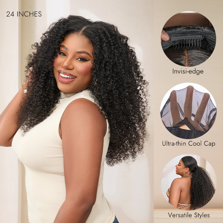 3-In-1 Half Wig 180% Density Kinky Curly / Yaki Straight Glueless Flexi-Fit Drawstring Wig