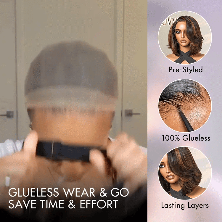 New Customers Only | Trendy Brown Highlight Layered Bob Blowout Glueless 5x5 Lace Closure Wig 100% Human Hair Pre-Cut Lace