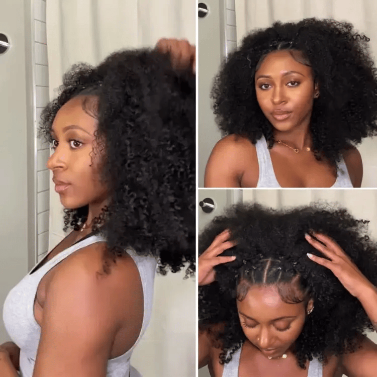 3-In-1 Half Wig 180% Density Kinky Curly / Yaki Straight Glueless Flexi-Fit Drawstring Wig