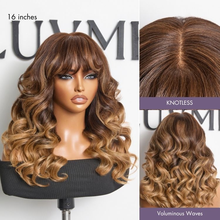 180% Density Ombre Blonde Highlight Loose Body Wave Glueless 7x6 Closure HD Lace Human Hair Wig with Bangs Pre-Cut Lace