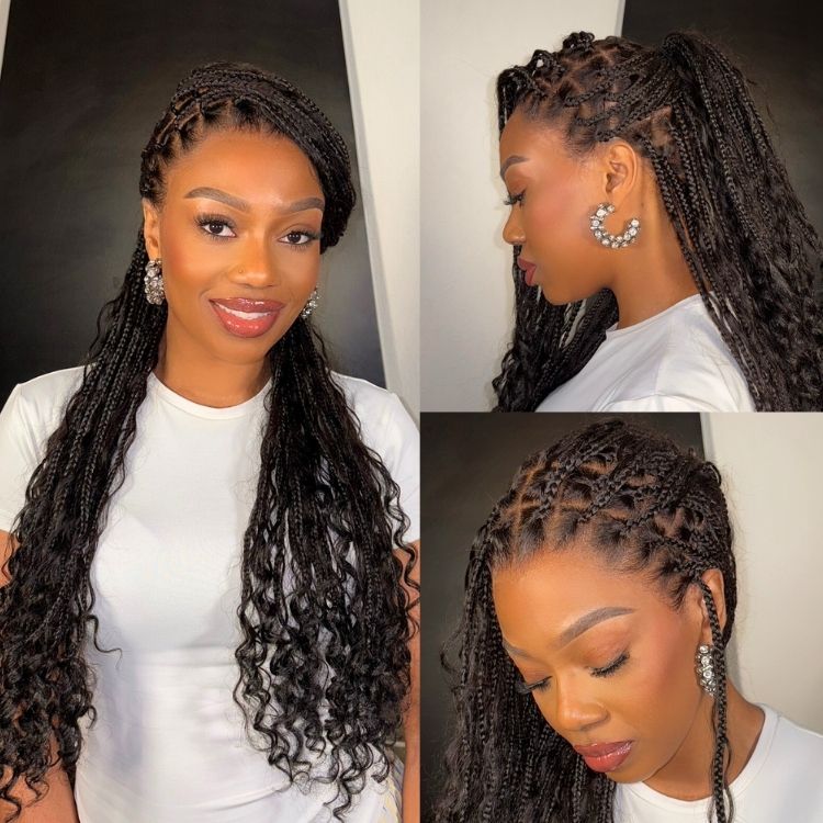 Readitress™ Light Weight Flexi-Fit Invisi Drawstring Cap Full Lace Knotless Boho Curls Braided Long Wig Super Natural Scalp