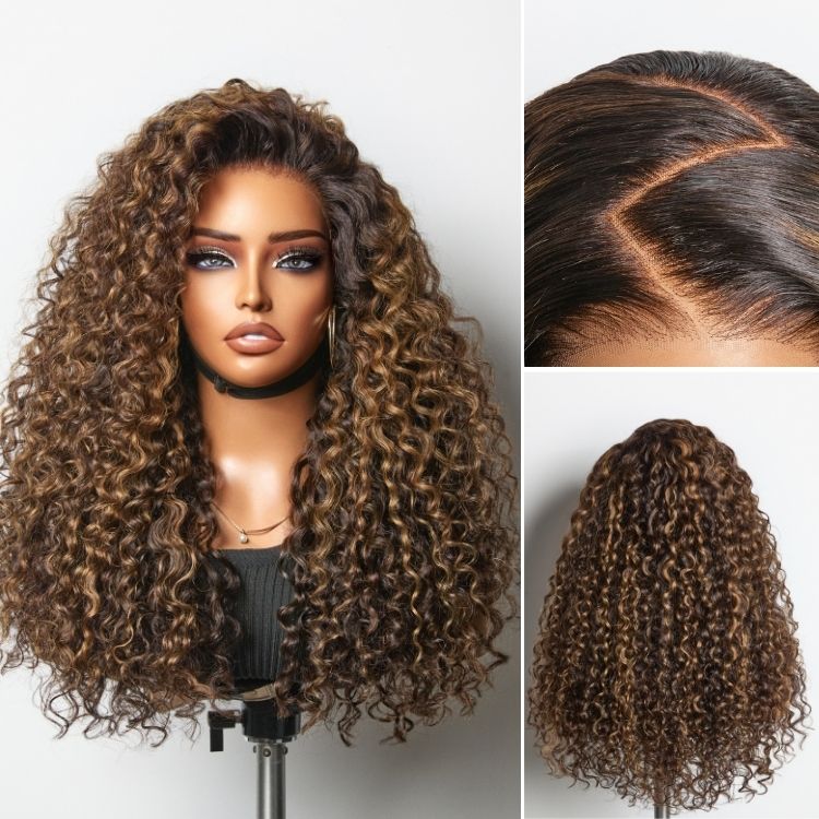 48H Delivery | Luvme All-Day Comfort™ Wig PartingMax Brown Highlights Funmi Curly 7x6 Closure HD Lace Glueless Wig Pre Cut Lace - US Only