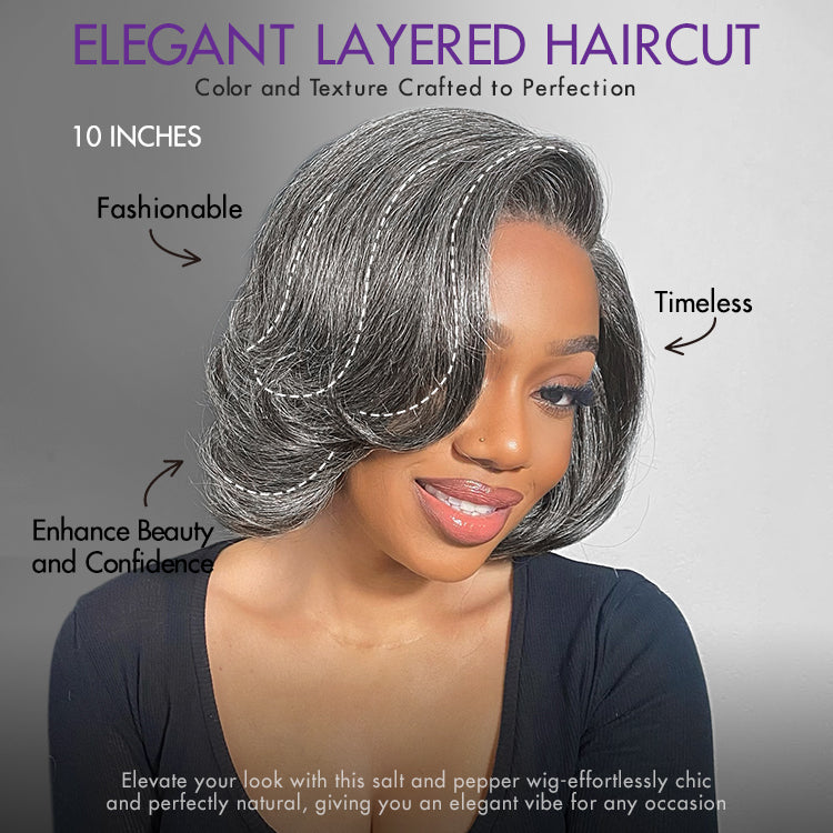 Boss Vibe Salt & Pepper Layered Bob / Body Wave Glueless Pre-Cut Minimalist Lace Grey Wig