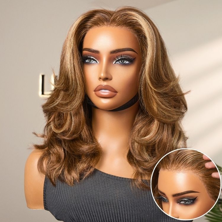 \Honey Brown with Blonde Highlights / Natural Black Bouncy Body Wave Glueless 13x4 Frontal Lace Human Hair Wig