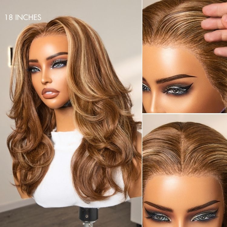 \Honey Brown with Blonde Highlights / Natural Black Bouncy Body Wave Glueless 13x4 Frontal Lace Human Hair Wig