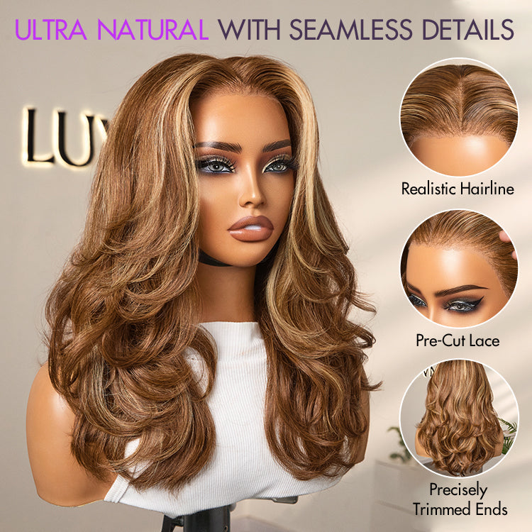 \Honey Brown with Blonde Highlights / Natural Black Bouncy Body Wave Glueless 13x4 Frontal Lace Human Hair Wig