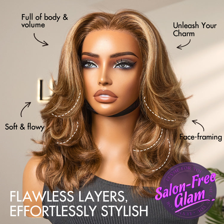 \Honey Brown with Blonde Highlights / Natural Black Bouncy Body Wave Glueless 13x4 Frontal Lace Human Hair Wig