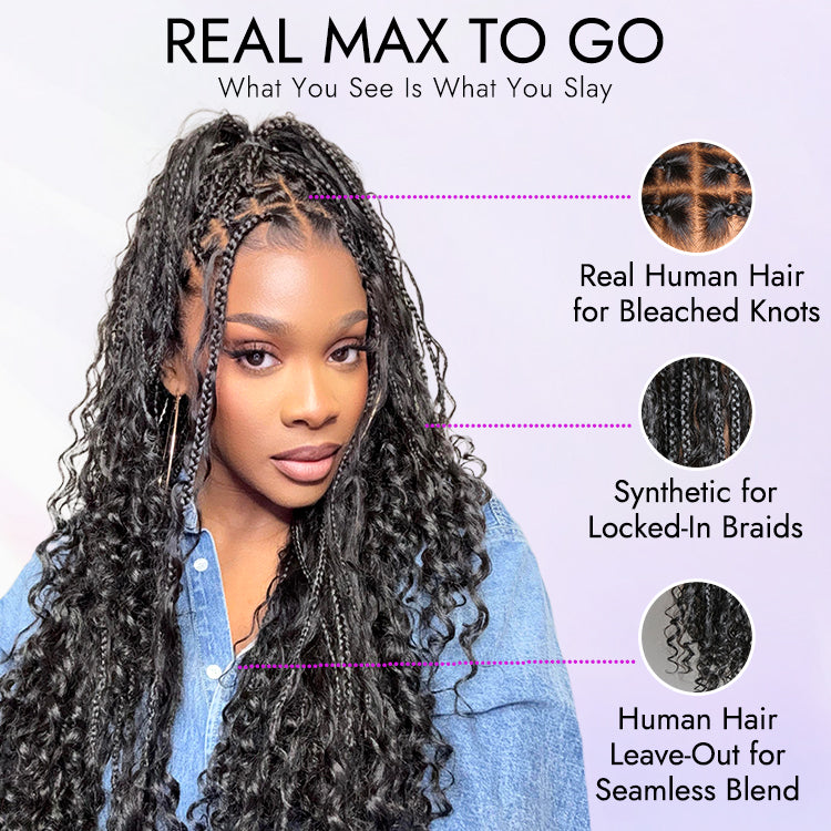 Special Deal | Light Weight Flexi-Fit Invisi Drawstring Cap Full Lace Knotless Boho Curls Braided Long Wig Super Natural Scalp