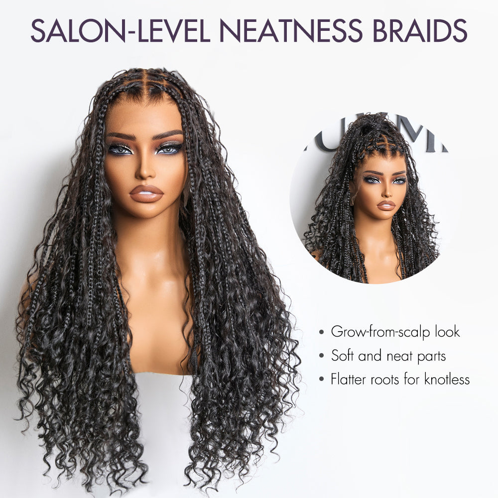 Readitress™ Light Weight Flexi-Fit Invisi Drawstring Cap Full Lace Knotless Boho Curls Braided Long Wig Super Natural Scalp