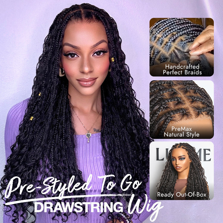 Readitress™ Light Weight Flexi-Fit Invisi Drawstring Cap Full Lace Knotless Boho Curls Braided Long Wig Super Natural Scalp
