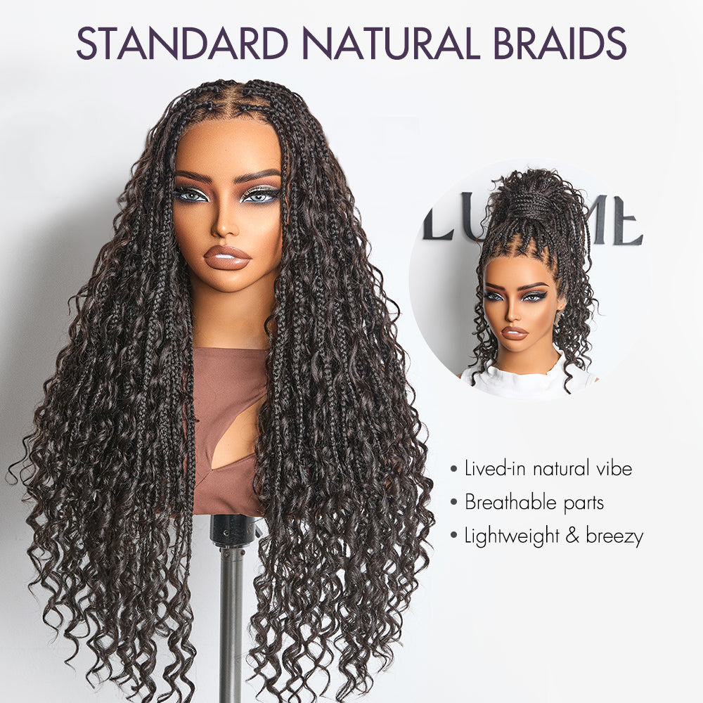 New Customers Only | Light Weight Flexi-Fit Invisi Drawstring Cap Full Lace Knotless Boho Curls Braided Long Wig Super Natural Scalp