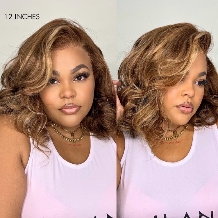 \Honey Brown with Blonde Highlights / Natural Black Bouncy Body Wave Glueless 13x4 Frontal Lace Human Hair Wig