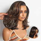 Brown Highlight Layered Haircut Wavy Glueless Minimalist HD Lace Wig Pre-Cut Lace
