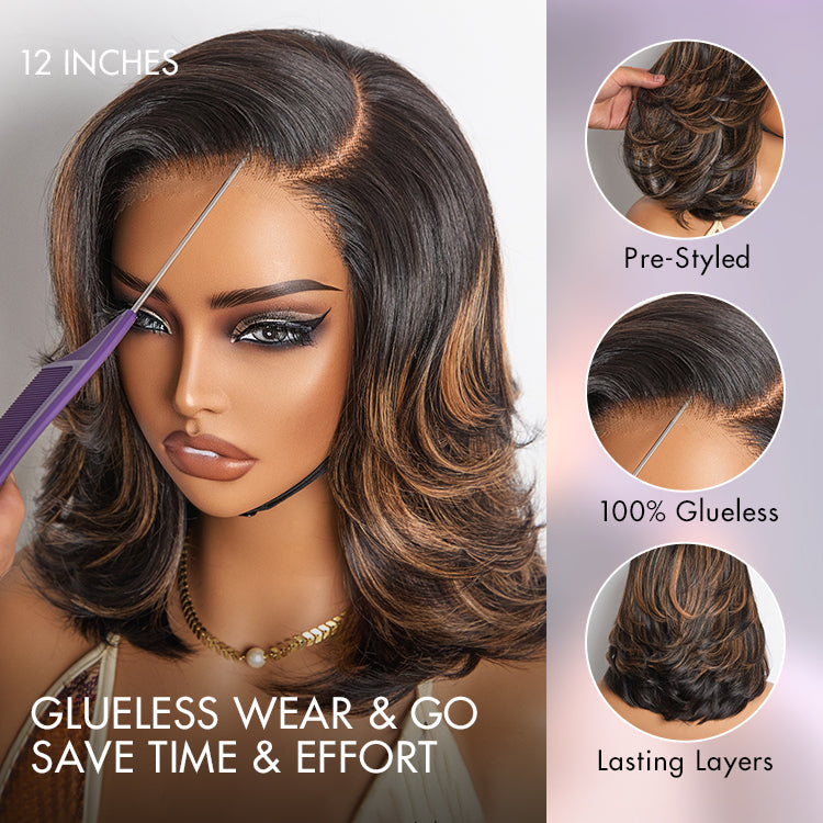 Brown Highlight Layered Haircut Wavy Glueless Minimalist HD Lace Wig Pre-Cut Lace