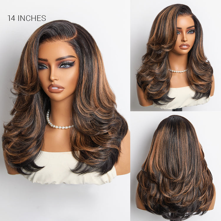 Brown Highlight Layered Haircut Wavy Glueless Minimalist HD Lace Wig Pre-Cut Lace
