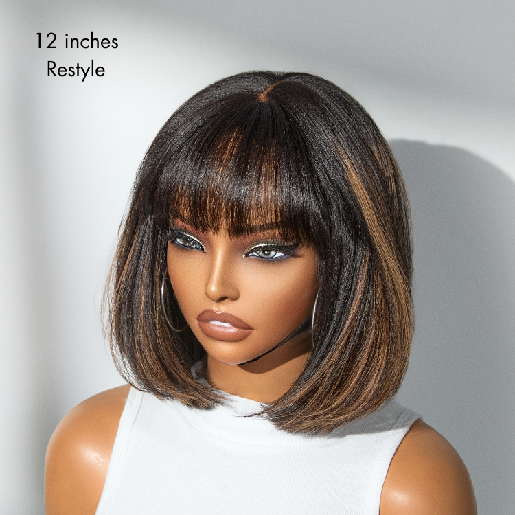 Exclusive Discount | Put On and Go Realistic Glueless Yaki Straight Bob With Bangs Minimalist Lace Wig 100% Human Hair