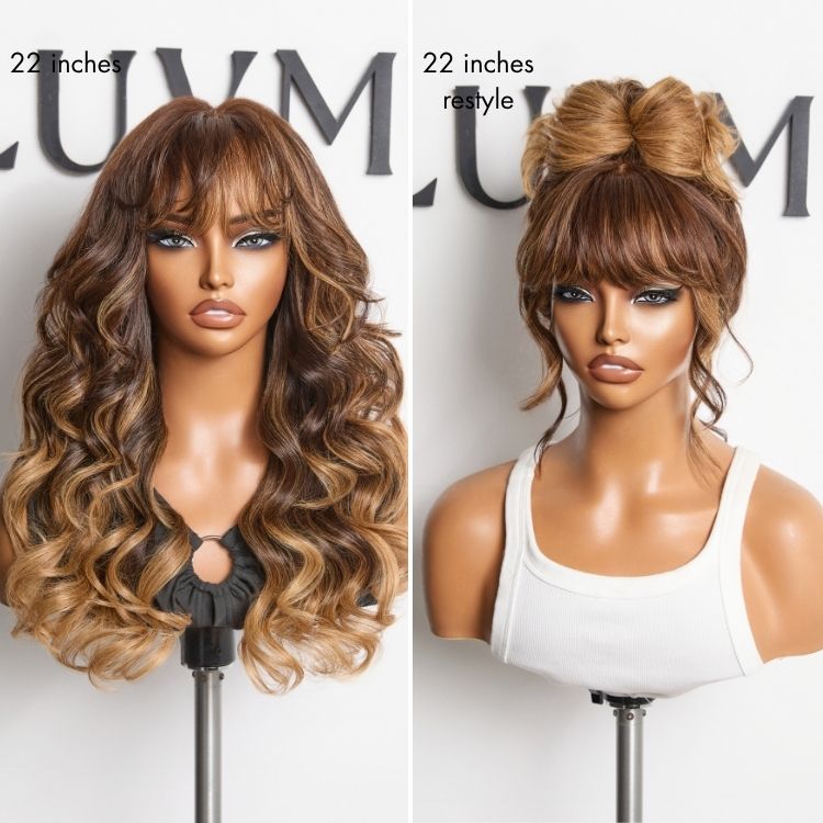 180% Density Ombre Blonde Highlight Loose Body Wave Glueless 7x6 Closure HD Lace Human Hair Wig with Bangs Pre-Cut Lace