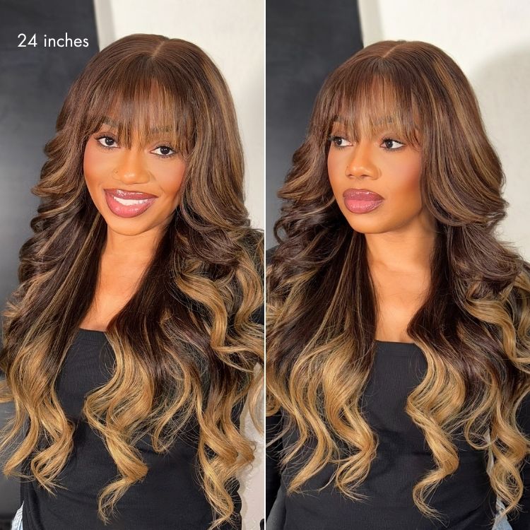 180% Density Ombre Blonde Highlight Loose Body Wave Glueless 7x6 Closure HD Lace Human Hair Wig with Bangs Pre-Cut Lace