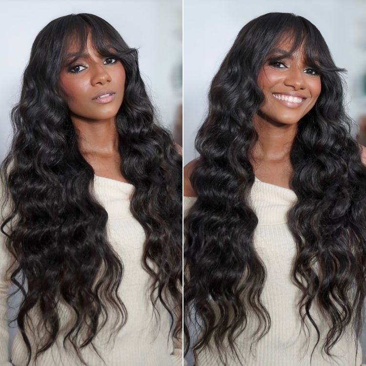 180% Density Loose Body Wave Glueless 7x6 Closure HD Lace Human Hair Wig with Bangs Pre-Cut Lace