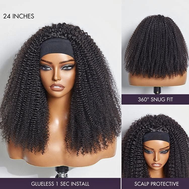 Natural Black Jerry Curly No Lace Glueless Free Part Long Headband Wig 100% Human Hair