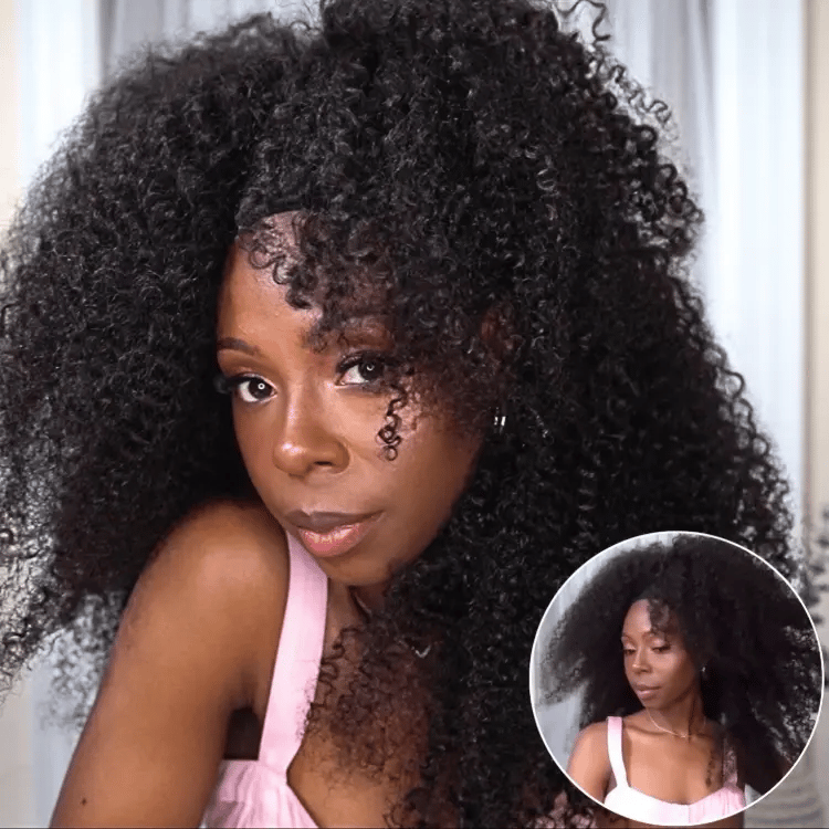 Natural Black Jerry Curly No Lace Glueless Free Part Long Headband Wig 100% Human Hair