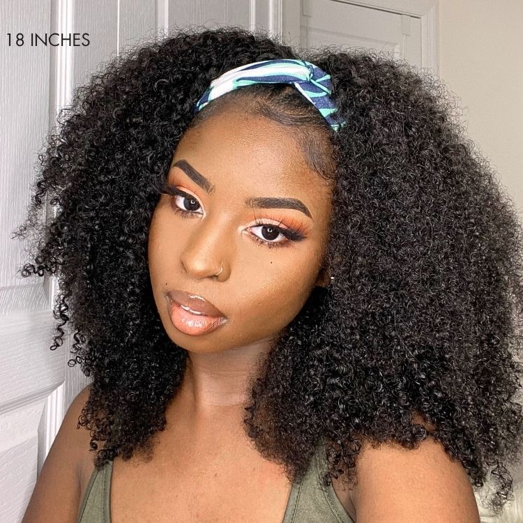 Natural Black Jerry Curly No Lace Glueless Free Part Long Headband Wig 100% Human Hair
