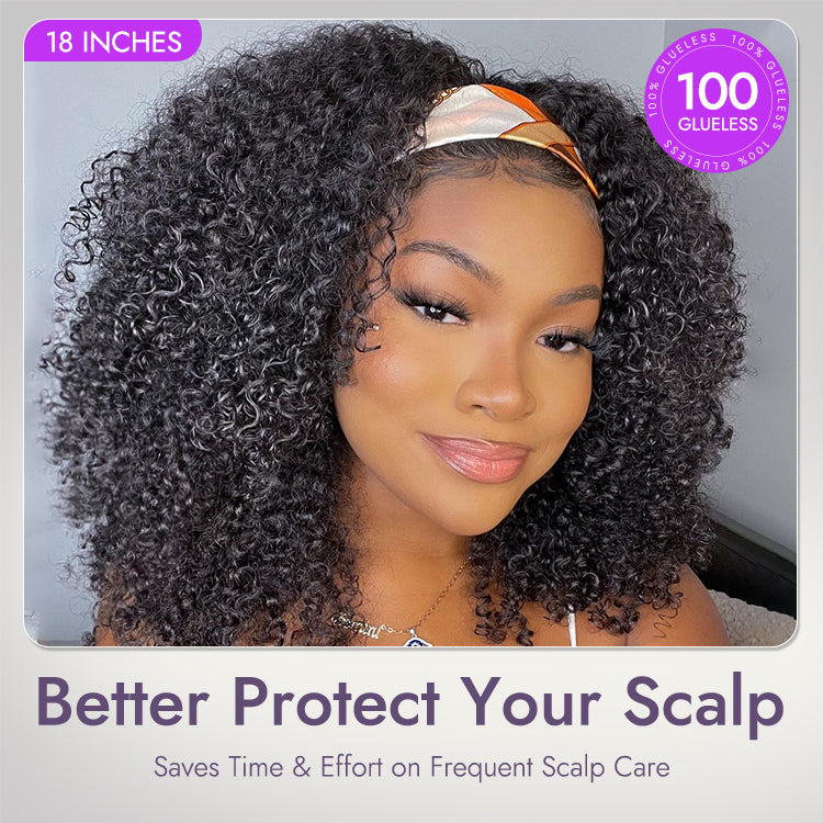 Natural Black Jerry Curly No Lace Glueless Free Part Long Headband Wig 100% Human Hair