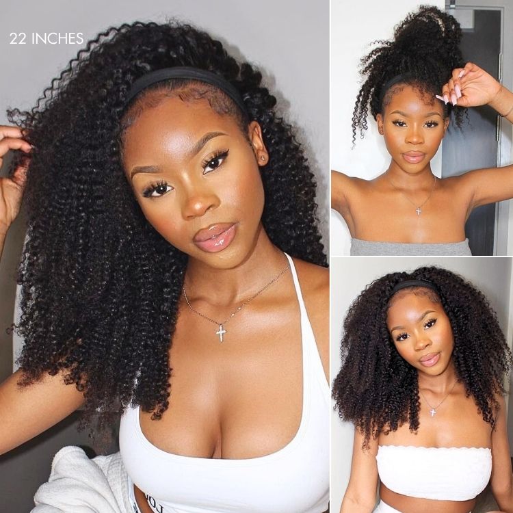 Natural Black Jerry Curly No Lace Glueless Free Part Long Headband Wig 100% Human Hair