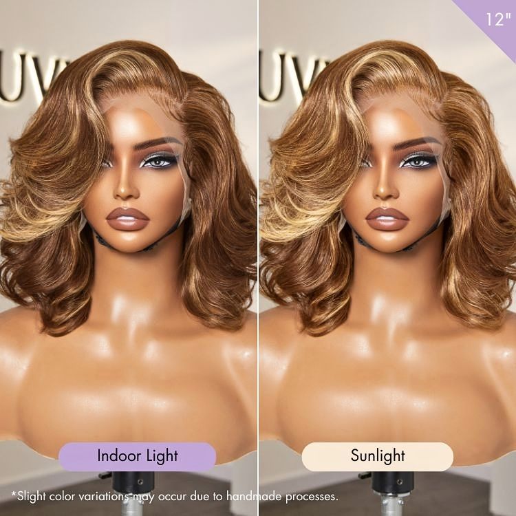 \Honey Brown with Blonde Highlights / Natural Black Bouncy Body Wave Glueless 13x4 Frontal Lace Human Hair Wig